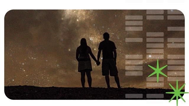 Astrophotography image of two people holding hands with graphics of stars over the image.