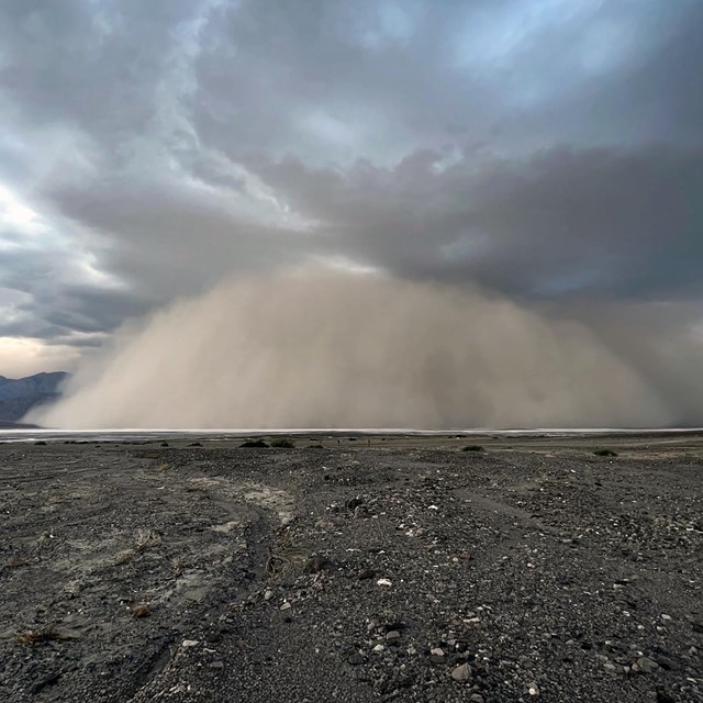 A vast, barren landscape is overshadowed by an enormous dust storm under a tumultuous sky, conveying