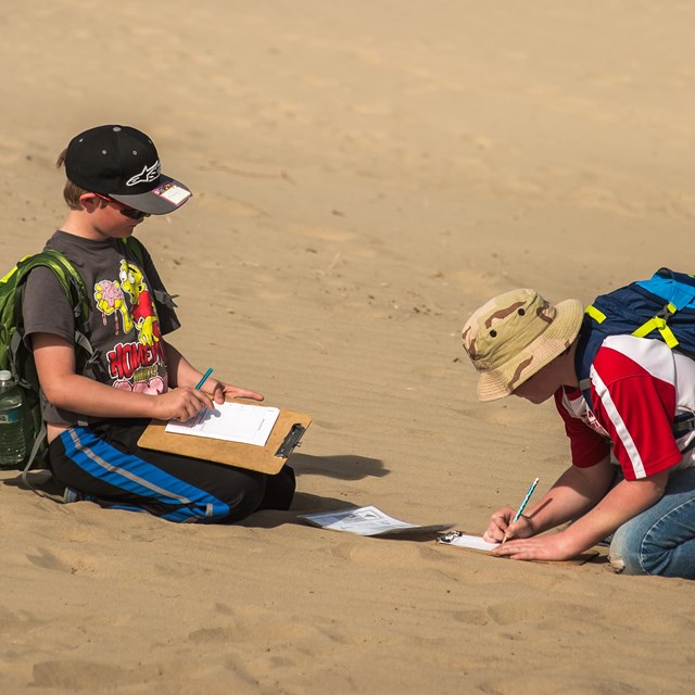 Two students writing observations while sitting on the sand.
