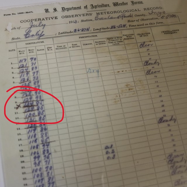 Close-up of hottest temperature recorded, 134 degrees on July 10, 1913.NPS/S.Saxe