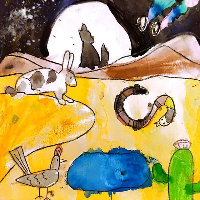 This colorful illustration features a rustic desert landscape under a night sky.