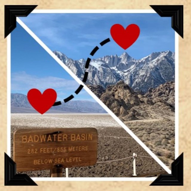 A straight on view of a square photo of Badwater Basin and Mt. Whitney, split diagonally.