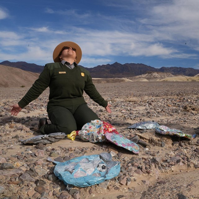 A ranger kneels in despair, surrounded by deflated balloons. NPS