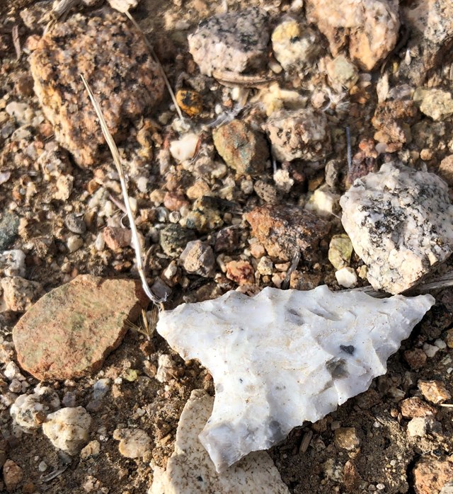 A small, speckled white projectile point stands out among surrounding rocks. NPS/B. Garcia