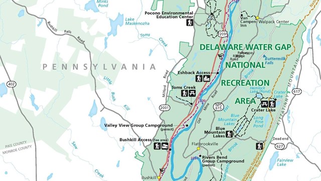 A map of the Delaware Water Gap National Recreation Area