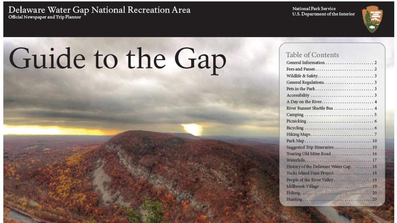 The cover of the Guide to the Gap. The water gap in fall with a table of contents on the right.