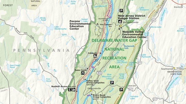 A section of a map of the Delaware Water Gap National Recreation Area.