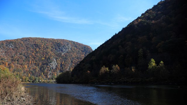 A view of the Delaware Water Gap from river level.