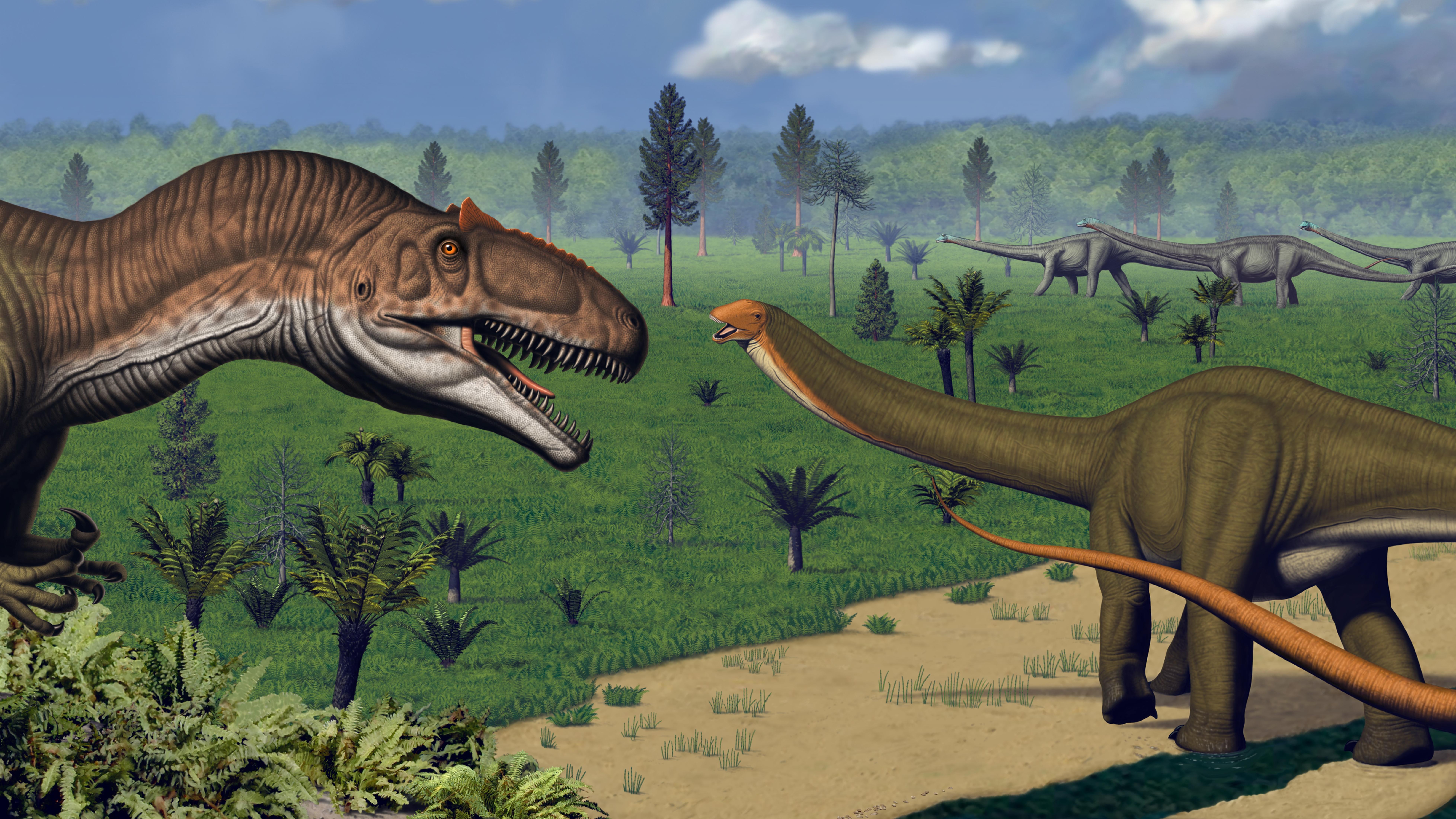 A digital painting of a lush habitat full of tropical plants, dinosaurs, and crocodilians.
