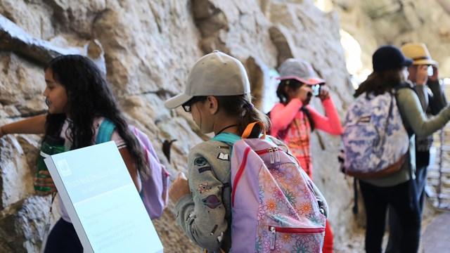 Students with backpacks on viewing exhibits and fossils on the Wall of Bones at the Quarry.