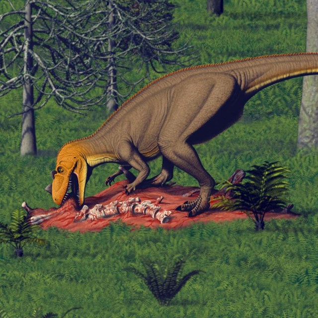 A meat-eating dinosaur with a small horn on its nose scavenges a carcass.