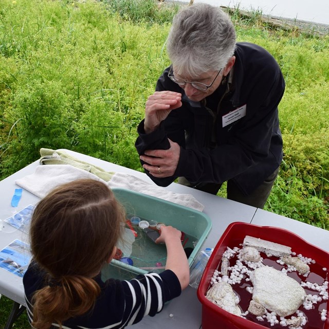 Washington State Park Ranger demonstrates marine life to kids.