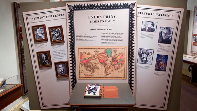 Color photo of an exhibit panel with title text reading "Everything Leads to Poe."