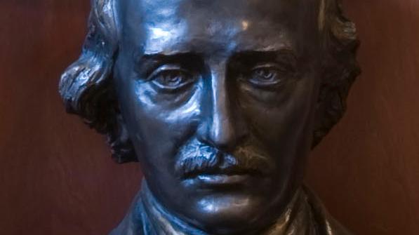 Color image of a detail of a bronze bust of Edgar Allan Poe.