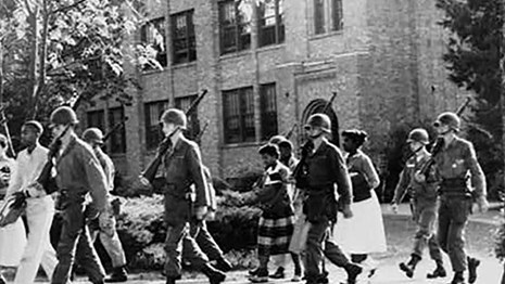 National Guard troops enforcing desegregation at Central High School in Little Rock, Arkansas, 1957.