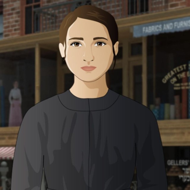 Cartoon of female immigrant standing in front of New York City Tenement Museum