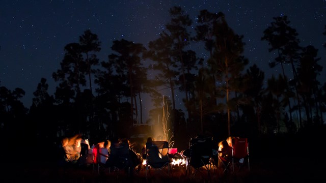 A group of people sit around a campfire at a campsite under trees and stars.