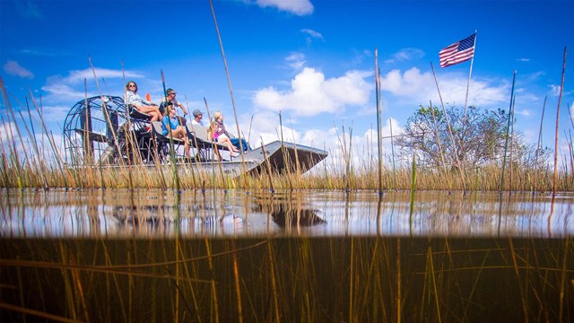A half-above, half-underwater images shows grass underwater and people on an airboat tour.