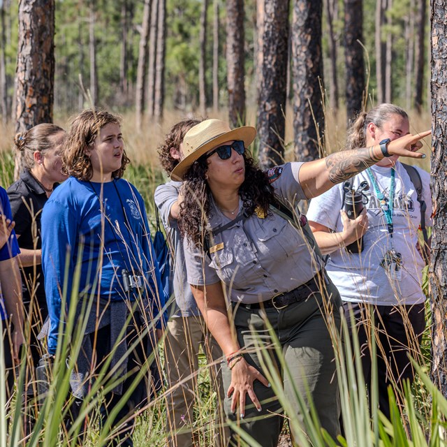 A ranger points up with students standing around her. They are standing by pine trees and shrubs.
