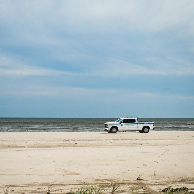 A law enforcement truck parked on an ocean beach.