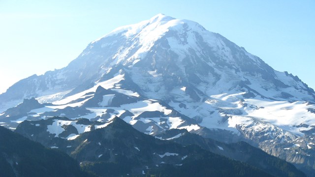 View of the icy mountain peak of Mount Rainier's northwest face from Tolmie Peak Fire Lookout