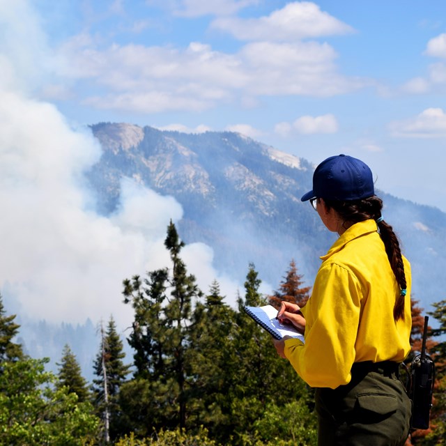 A firefighter monitors smoke on a fire.