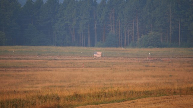 A fence with a flag on it to block off where the crash site is.