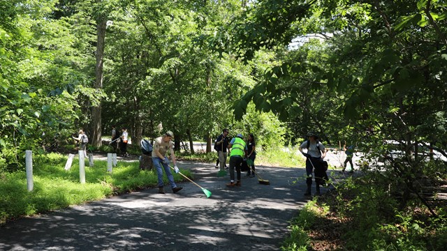 Two people sweeping and raking along a road.