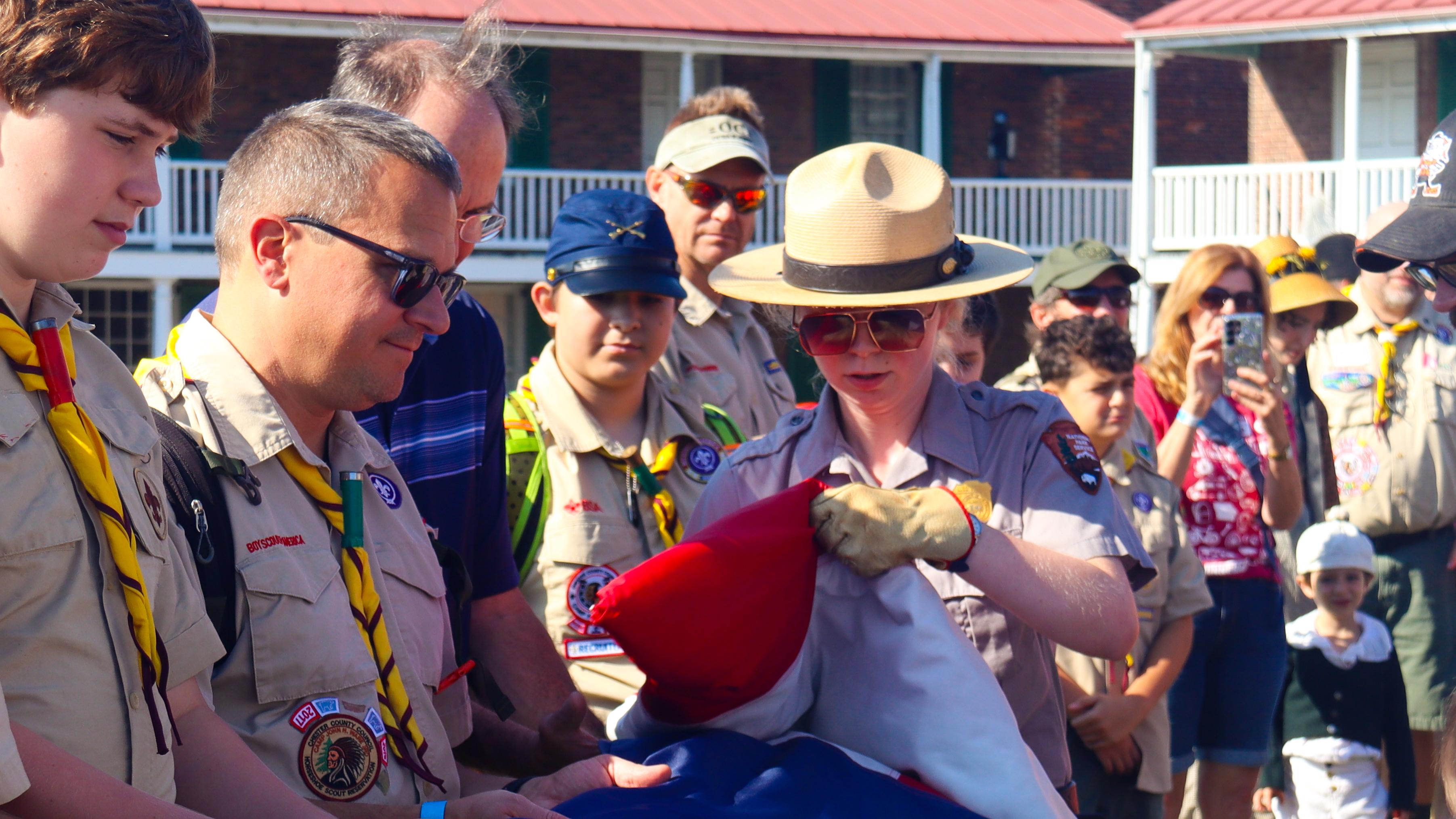 A ranger giving a flag program inside historic star fort.