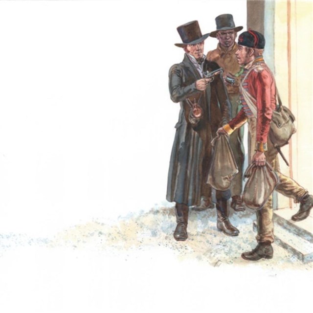 A painting depicting a British soldier being held at gun point by Dr. Beanes.