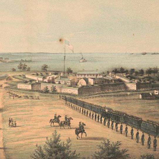 A painting showing the fort during the civil war with lines of Union soldiers in front of it.