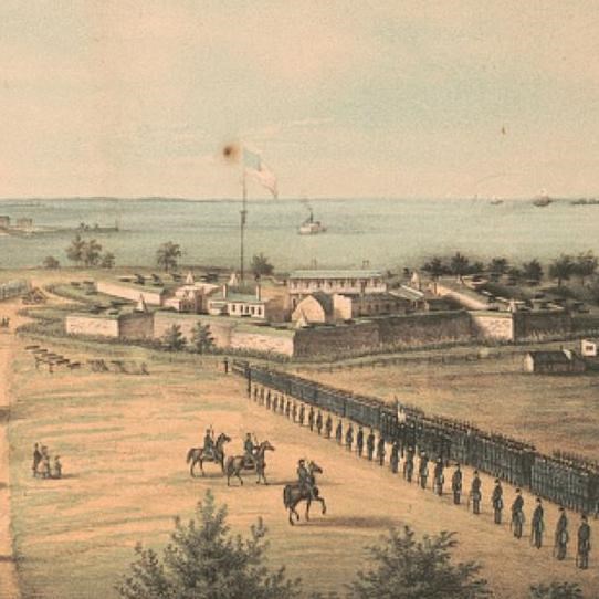 A painting showing the fort during the civil war with lines of Union soldiers in front of it.