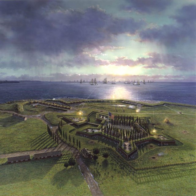 An artistic depiction of the defense of Fort McHenry showing the British bombing the fort.