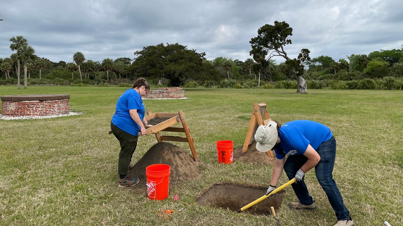 Fort Pulaski archeologists dig at the Workers' Village site.