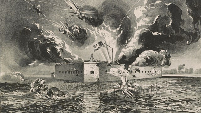 a black and white sketch showing explosions around a fort. 