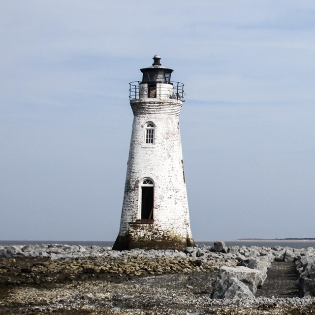 Looking at color image of Lighthouse from Cockspur lsland lighthouse trail