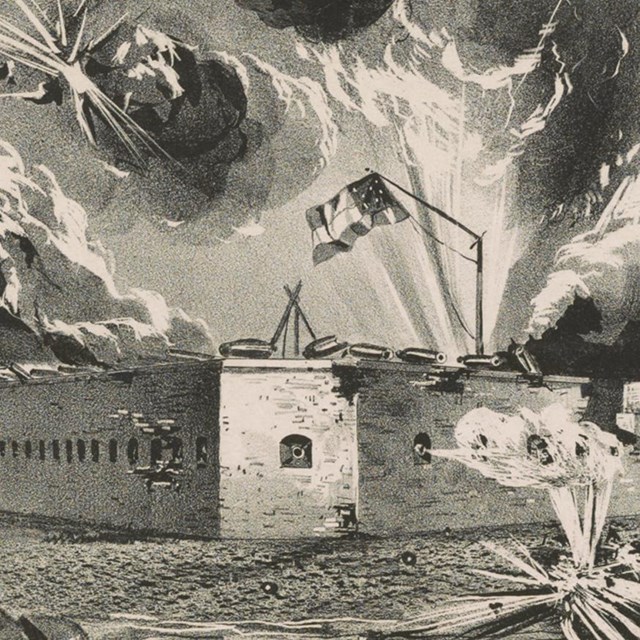 a black and white sketch showing explosions around a fort. 
