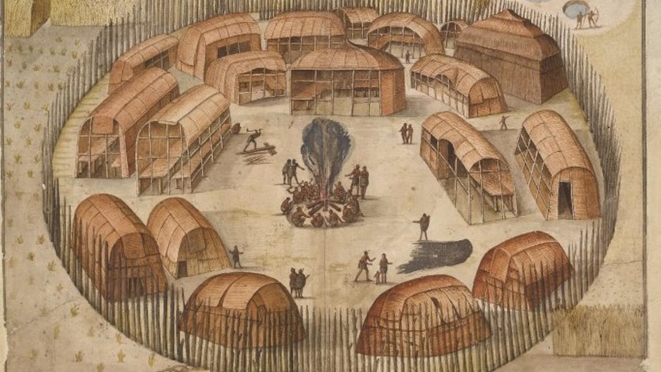 A historic watercolor image of a village in a circle with fences posts surrounding it.