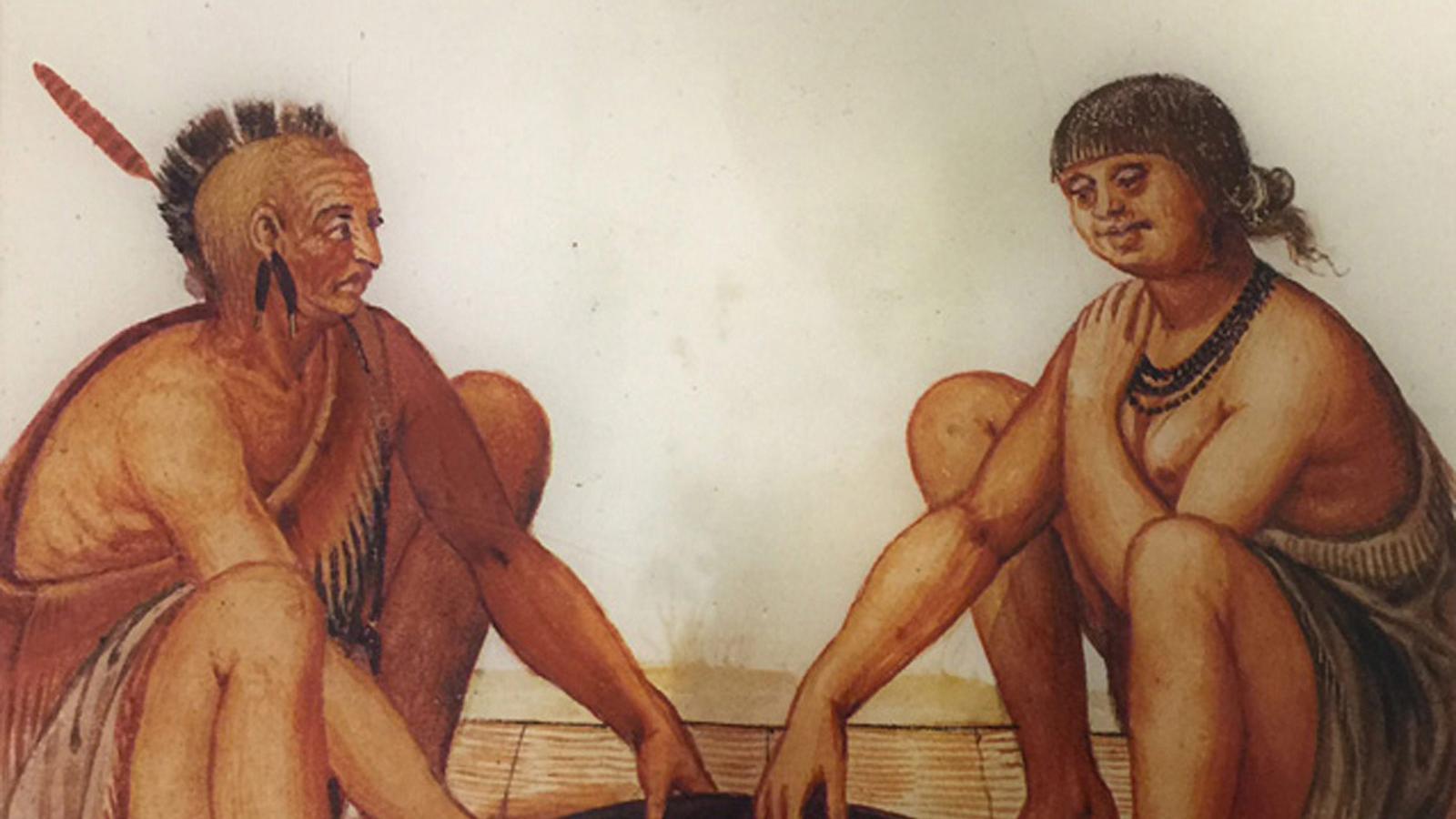 A watercolor of two Carolina Algonquin-speaking people