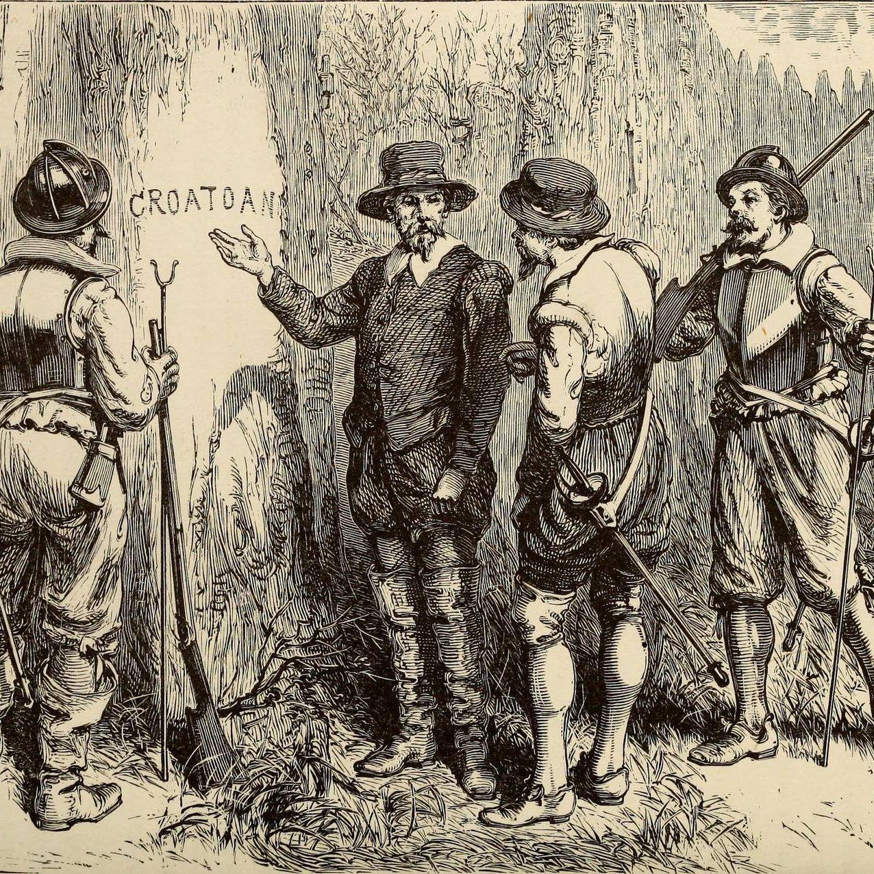 An etching of four men looking at the word 
