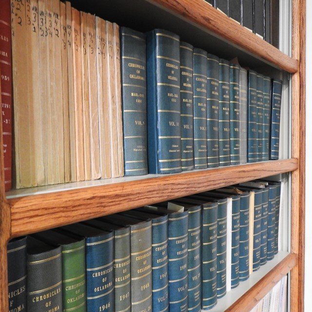 Library shelves filled with blue cloth-bound books with gold writing.