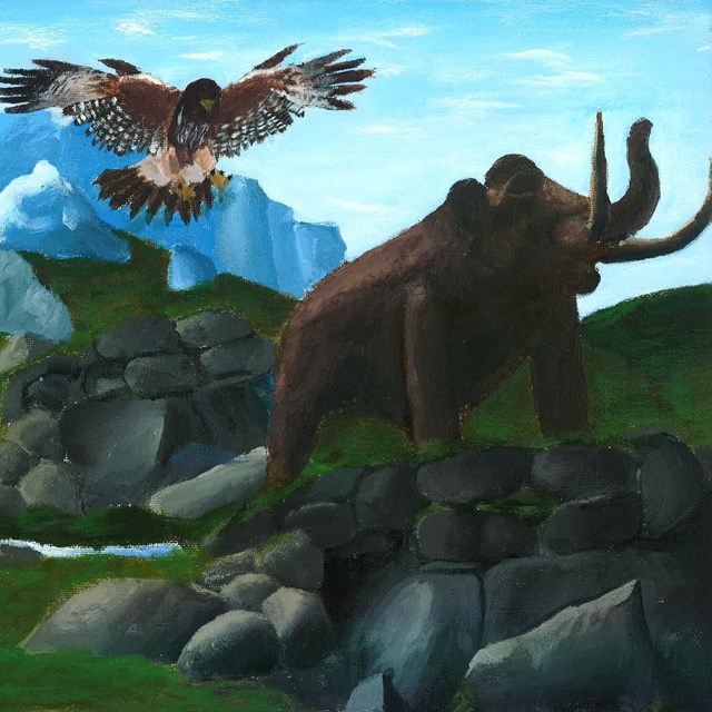 raptor and mammoth in alpine landscape