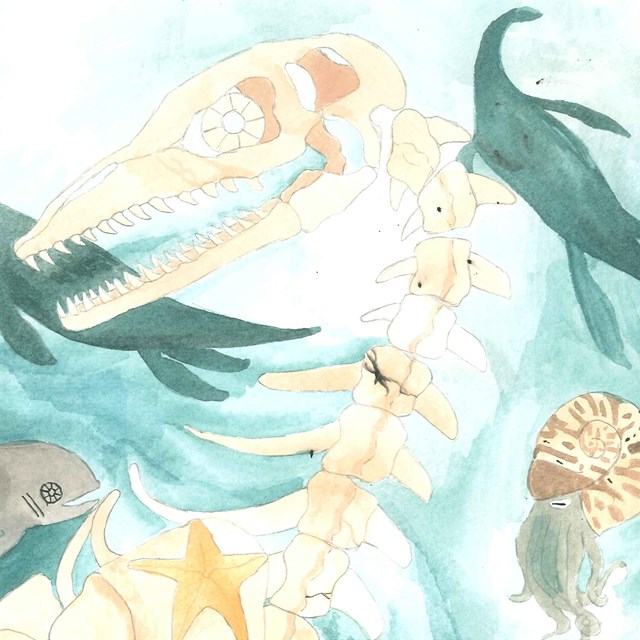 painting of undersea animals and fossil
