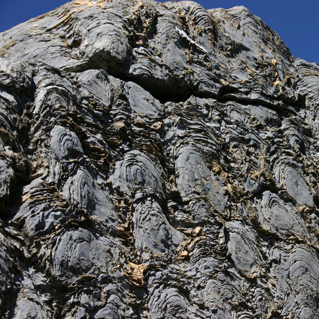 Photo of layered Stromatolite fossils in a natural outcrop.