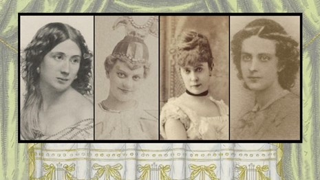 Black and white photo portraits of four women, in 19th century theatrical attire