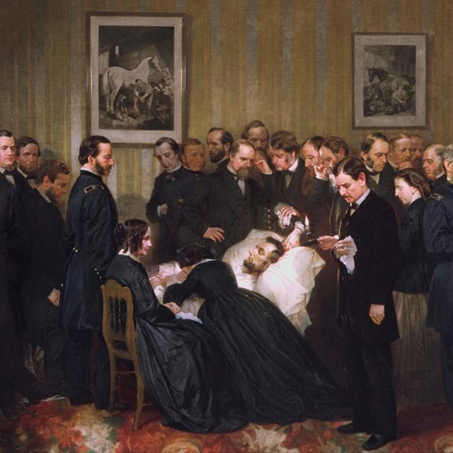 Color Engraving of dignitaries gathered around Lincoln's deathbed at the Petersen Boarding House.