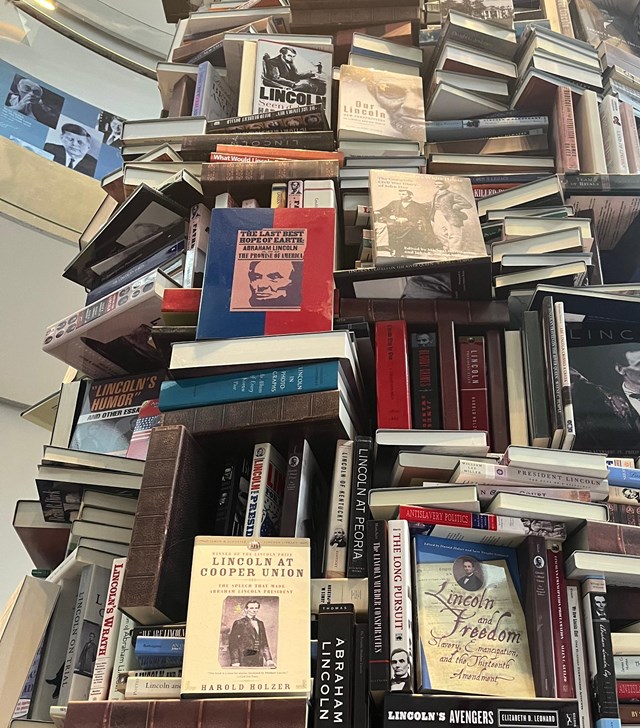 A tower of various books about Abraham Lincoln