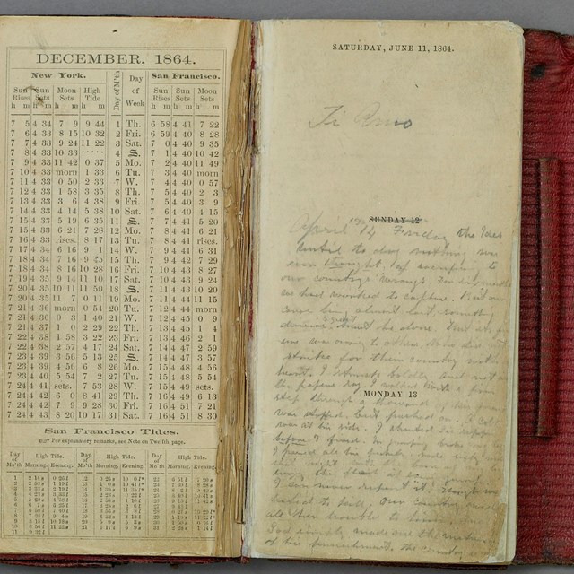 An open, leatherbound datebook with writing in pencil by John Wilkes Booth