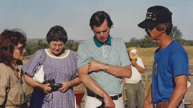 Dignitaries visit the 1989 Fort Union archeological excavations. 