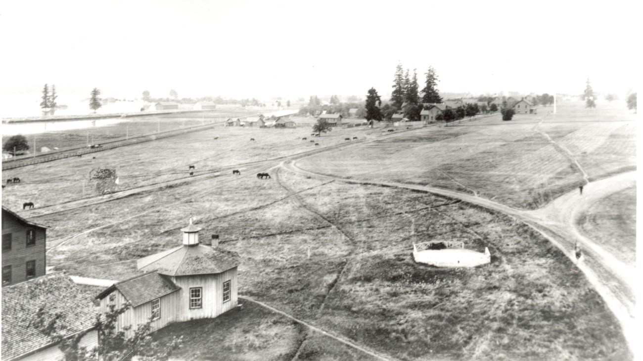 Black and white photo of Vancouver Barracks in the 1880s.
